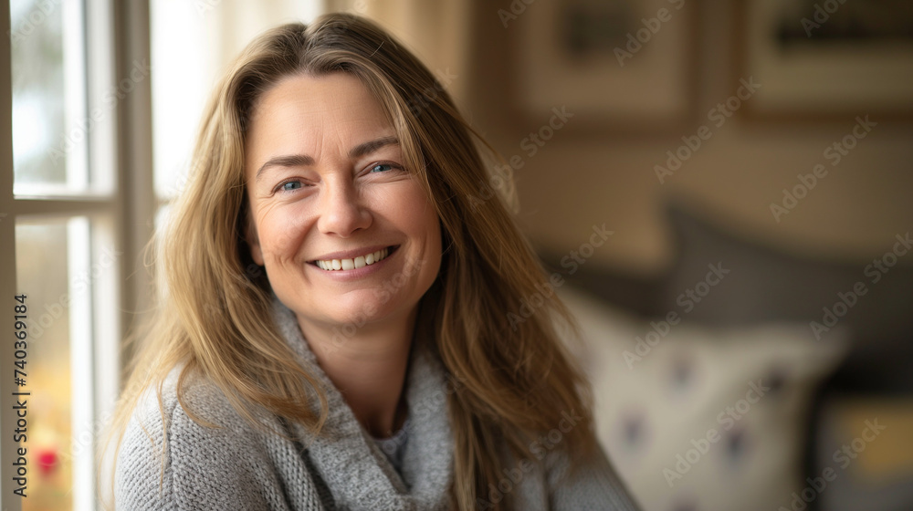 A smiling woman with blonde hair in a cozy indoor setting.