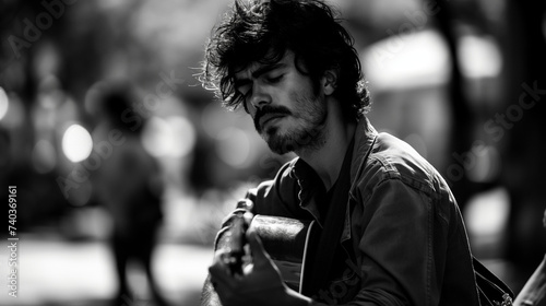 A black and white image of a street performer playing guitar. 