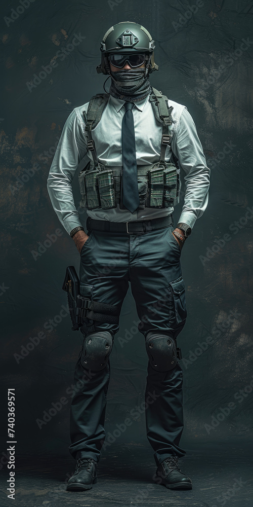 Fototapeta premium hero man in white shirt, black tie and trousers wearing a Spetsnaz Helmet 