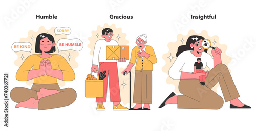 Warm vector illustrations portraying humility, grace, and insightfulness, with characters engaging in acts of kindness, generosity, and deep reflection.