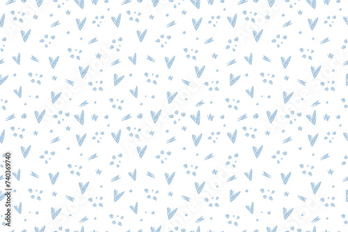 Seamless pattern with cute adorable little doodle blue hearts isolated on white background