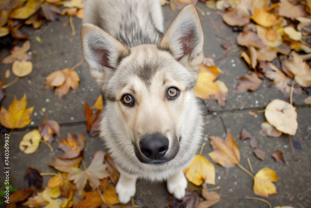 Obraz premium Top view of a dog standing amidst fallen leaves