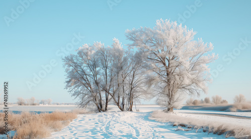 Winter scene with snow-covered ground and frost-adorned trees under a clear blue sky