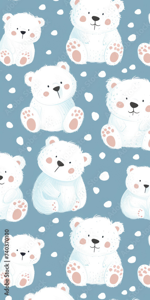 cute white teddy bear seamless pattern on blue pastel background
