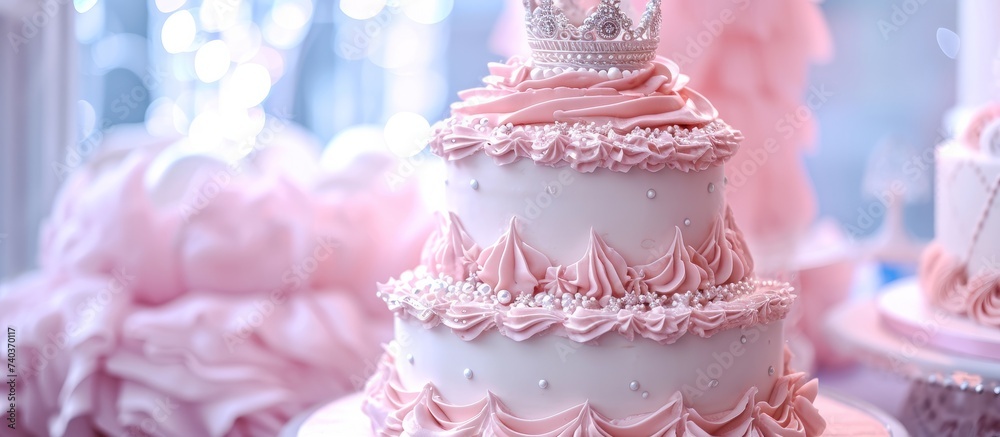 Fototapeta premium A cake decorated with a liquidinspired design in shades of pink, purple, and white, crowned with a majestic eyelashshaped topper