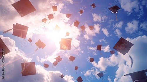 Graduates throwing graduation hats Up in the sky photo