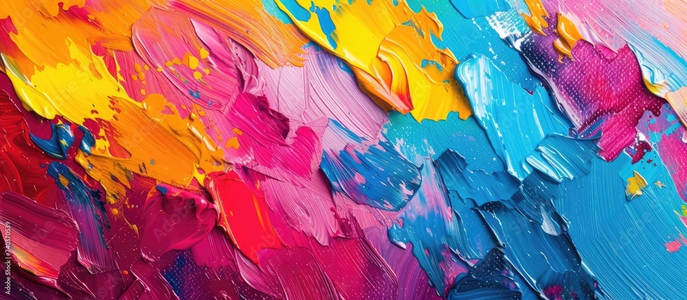 This close-up photo captures a colorful painting filled with bold and vibrant colors. The intricate details and layers of the hand-painted artwork create a mesmerizing display of abstract art.