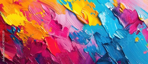 This close-up photo captures a colorful painting filled with bold and vibrant colors. The intricate details and layers of the hand-painted artwork create a mesmerizing display of abstract art.