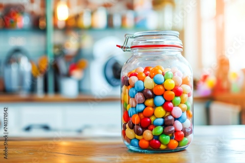 sweets in a glass jar on the table against the background of a blurred image of the kitchen  photo
