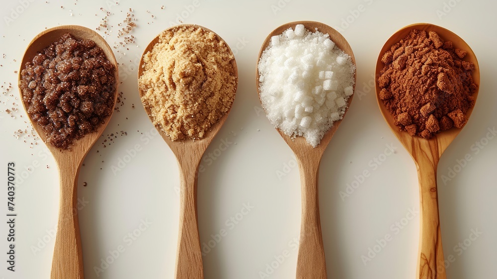 Variety of natural sugars displayed in wooden spoons for healthy sweetening alternatives - obrazy, fototapety, plakaty 