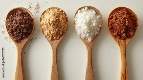 Variety of natural sugars displayed in wooden spoons for healthy sweetening alternatives photo