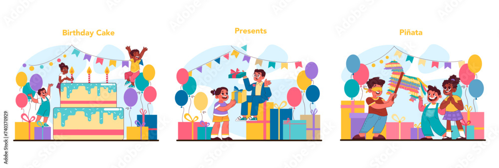 Child birthday set. Flat vector illustration