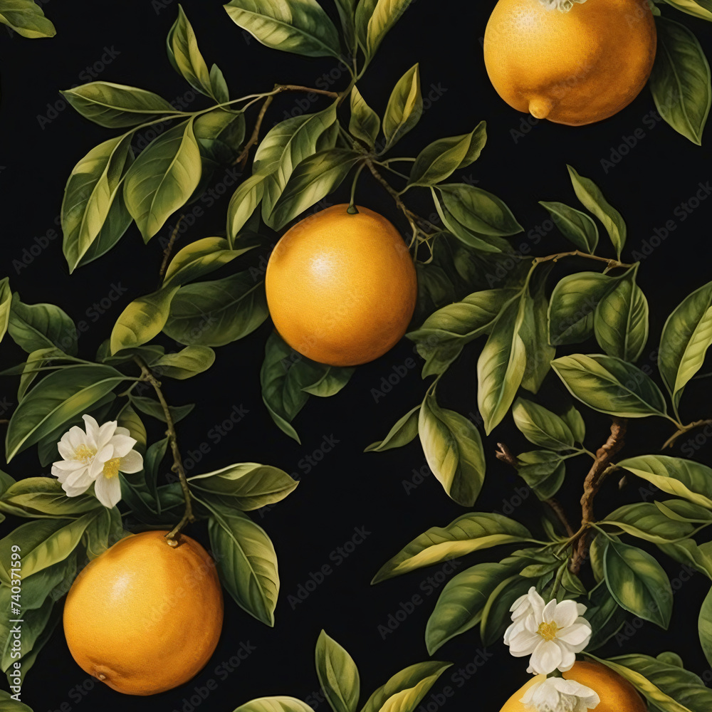 Seamless pattern with lemon fruit, leaves and branches on black background. Floral backdrop with tropic fruits. Summer or spring vintage tropical design for print card, textile, paper, wallpaper