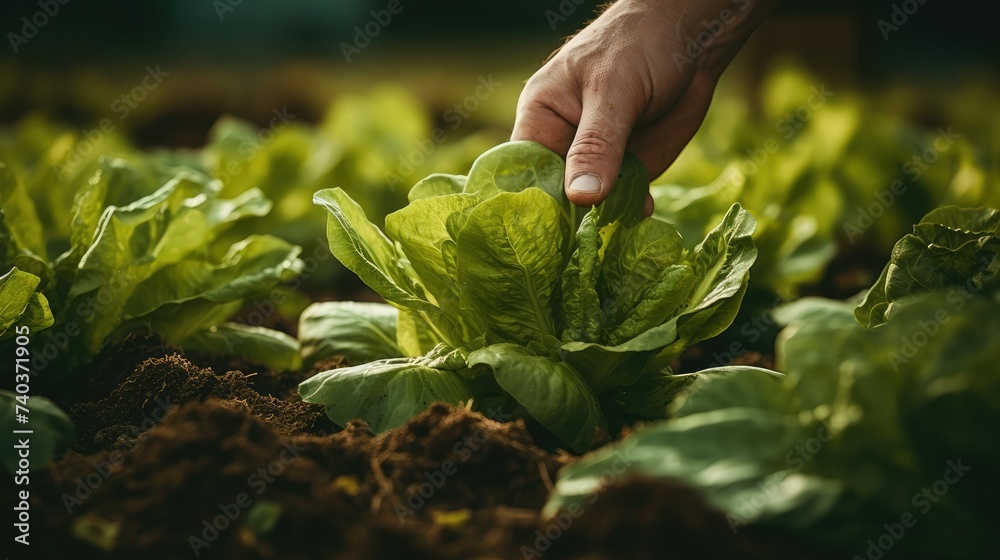 Fototapeta premium Close-up of hands harvesting organic lettuce. Clean crops of fresh vegetables