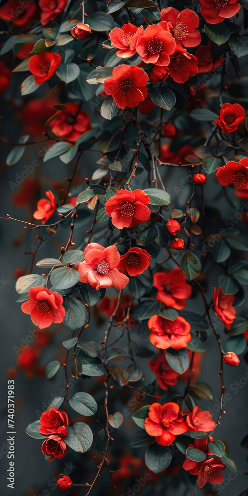 A tree with red flowers and green leaves
