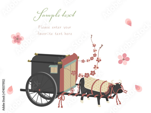 牛車と桃の花（ひな祭りの素材として）
