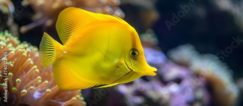 A yellow fish gracefully swims among the colorful coral reef, showcasing its fins and tail underwater in a mesmerizing display of marine biology
