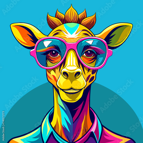 Portrait of a Giraffe in a bright coloring glasses