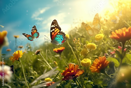 Floral wonderland Butterflies add vibrant colors to blooming flowers in picturesque meadow. AI generative