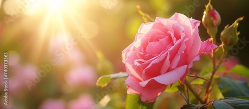 A close up of a pink Hybrid tea rose with the sun shining through the leaves in a garden setting  showcasing the beauty of this flowering plant from the Rose family