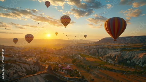 Hot air balloons flying in sunset sky Cappadocia, Turkey