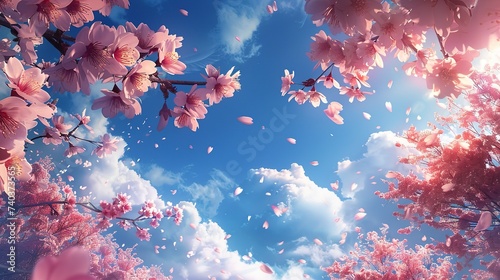 Sakura Blossoms Floating on a Sunny Sky. Vivid digital illustration of pink sakura blossoms with petals floating on a bright blue sky with fluffy clouds.