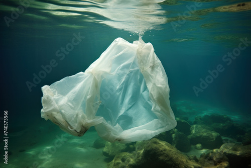 Underwater image of plastic bag, highlighting environmental issue. AI generative