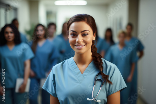 Medical student and team in hospital environment, dressed in scrubs. AI generative © tope007