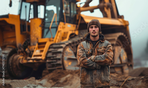 A mining worker posing in front of large dozer