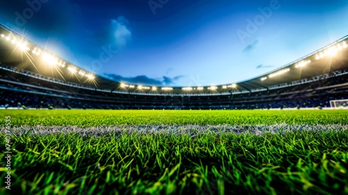 A vibrant soccer field with stadium lights aglow under an evening sky.