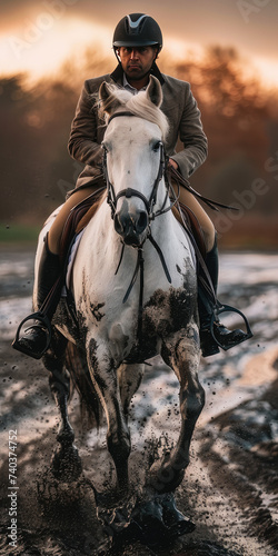 A person riding a white horse in the mud 