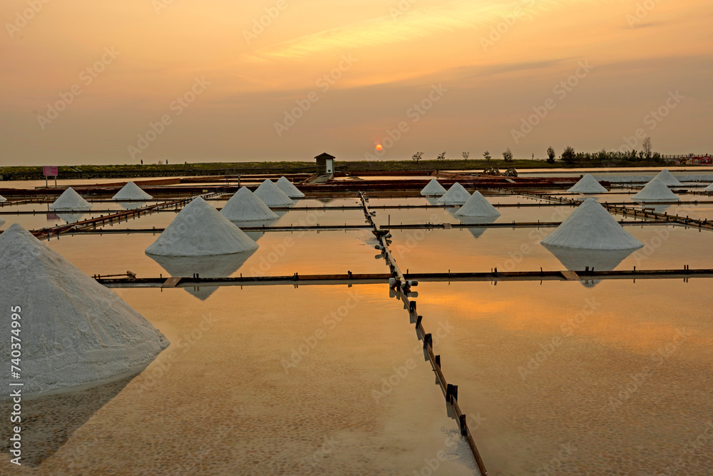 Sunset at Jingzaijiao Tile paved Salt Fields (offering a chance to see how salt is made), Tainan, Beimen District, Taiwan