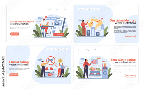 Dietary Trends Web Banners set. Engaging and informative vector illustrations showcasing personalized nutrition, sustainable diet practices, ethical eating, and zero-waste food habits.