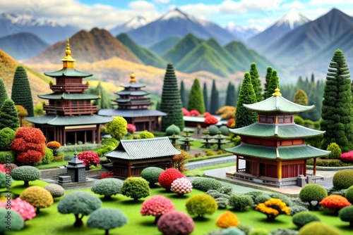 Miniature Japanese garden and house. Japanese garden. coin. real estate. sightseeing. shopping. trip. holiday. House. photo