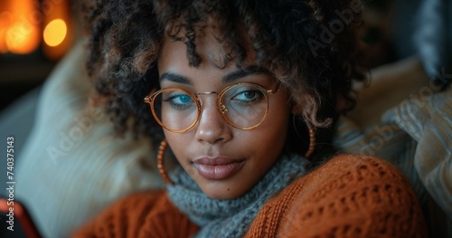 Afro girl on her phone, young professional successful woman, brown skin, in her living room, relaxed and beautiful, orange feature colour, cool lighting © dreamalittledream