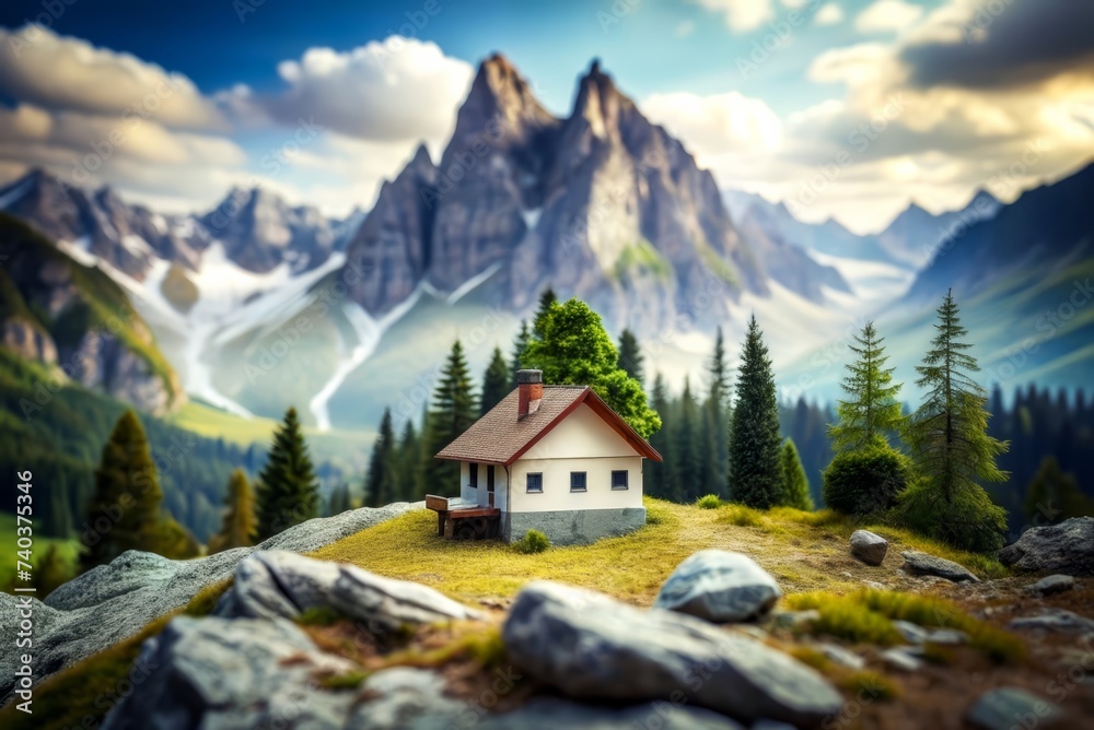 Mountain landscape and miniature house. Mountain hut. real estate. sightseeing. shopping. trip. holiday. House. Mountain landscape and miniature house. Mountain hut. real estate. sightseeing. shopping. trip. holiday. House.
