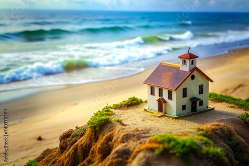 A house near the sea. miniature model. real estate. sightseeing. shopping. trip. holiday. House. building.