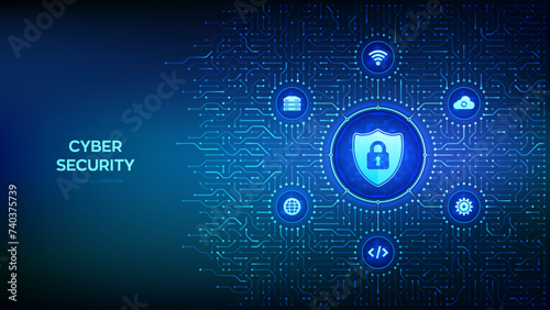 Security shield. Cyber security. Shield with Lock with keyhole icon. Cyber data protection. Information privacy idea. Background with circuit board connections and tech icons. Vector Illustration.