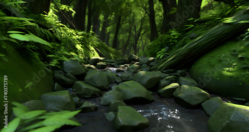 an animated image of a river surrounded by greenery