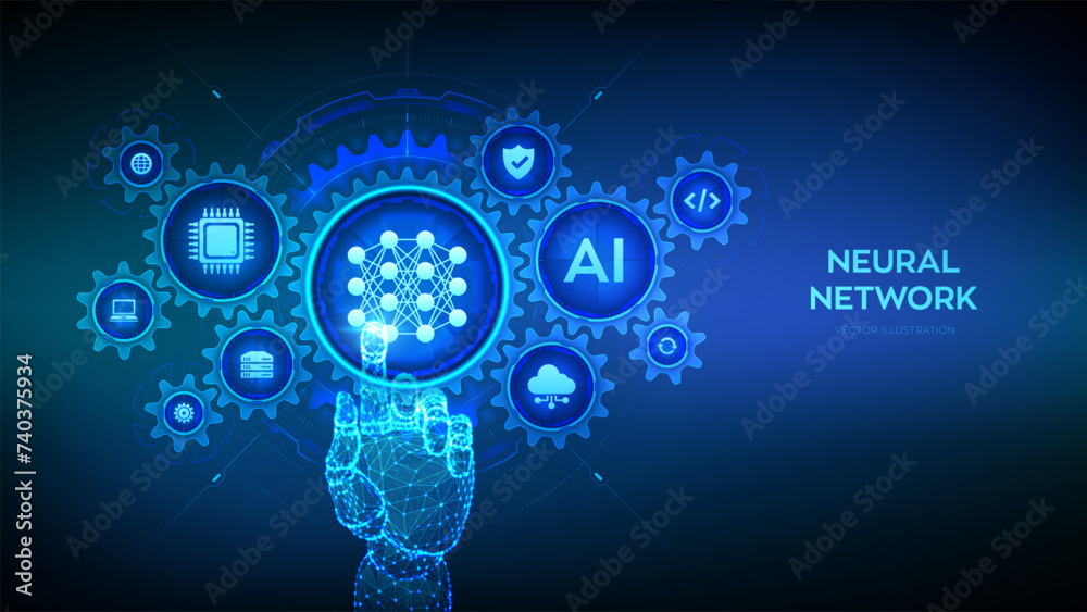 Neural network concept. AI Artificial Intelligence. Machine Learning. Deep learning. Big data analysis. Wireframe hand touching digital interface with connected gears cogs, icons. Vector illustration. Neural network concept. AI Artificial Intelligence. Machine Learning. Deep learning. Big data analysis. Wireframe hand touching digital interface with connected gears cogs, icons. Vector illustration.