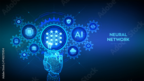 Neural network concept. AI Artificial Intelligence. Machine Learning. Deep learning. Big data analysis. Wireframe hand touching digital interface with connected gears cogs, icons. Vector illustration.