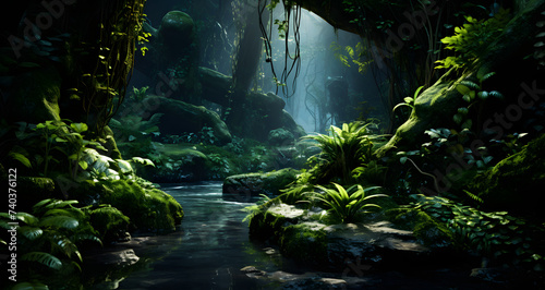 a stream running through a forest with plants and moss