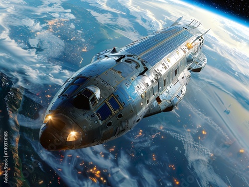 Fototapeta Naklejka Na Ścianę i Meble -  The cargo spaceship on orbit around Earth