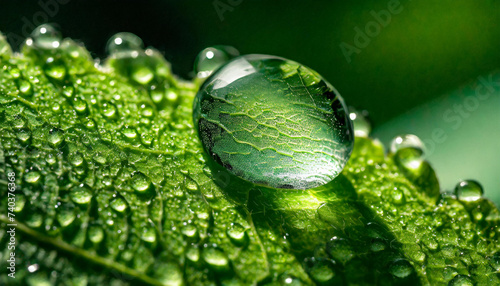 macro photo waterdrop on leaf with blurred green background
