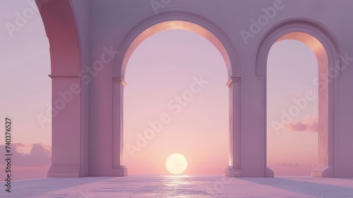 Surreal pastel scene with moonrise over arches in a dreamy landscape