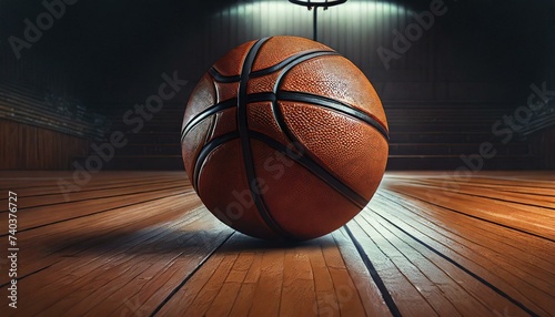 In a realistic image of a basketball on a hardwood court, dramatic lighting accentuates the intensity of the sport. Against the polished surface of the court, the basketball stands out, ready   © Jay Kat.