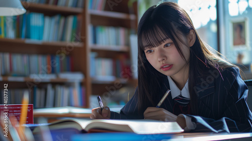 勉強をしている日本の女子高校生 | Generative AI photo