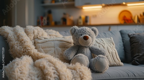Cozy teddy bear sitting on soft sofa surrounded by knitted cushions in homely interior photo