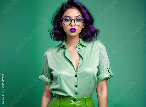 Fashionable Woman with Purple Hair and Green Glasses