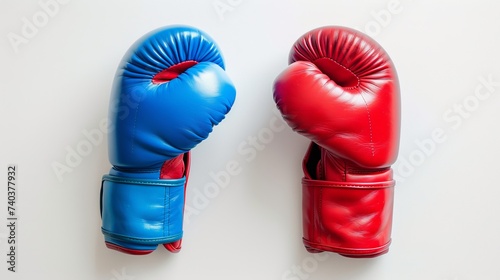 Red and blue boxing gloves on white background. Concept of political confrontation between American major parties
